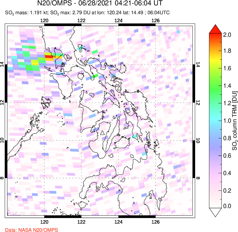 A sulfur dioxide image over Philippines on Jun 28, 2021.