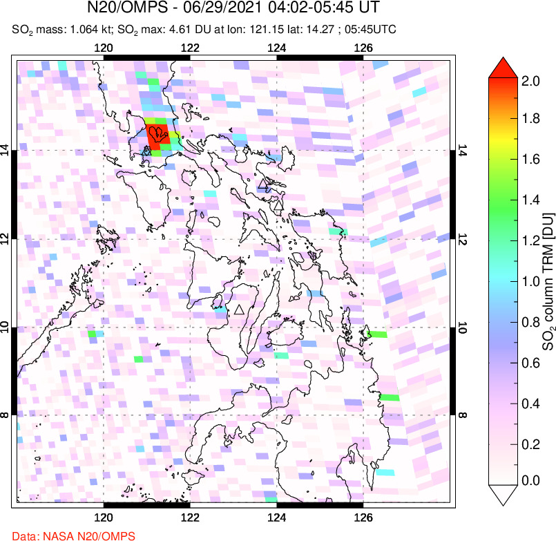 A sulfur dioxide image over Philippines on Jun 29, 2021.