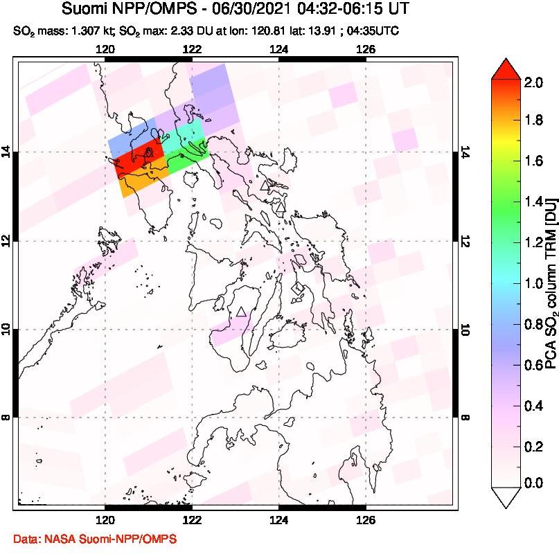 A sulfur dioxide image over Philippines on Jun 30, 2021.