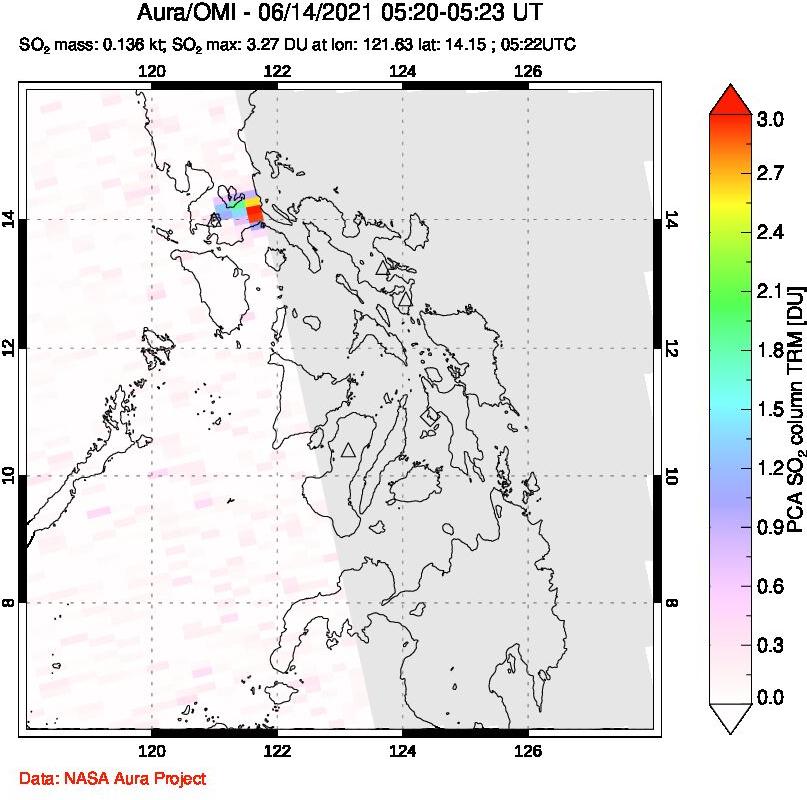 A sulfur dioxide image over Philippines on Jun 14, 2021.