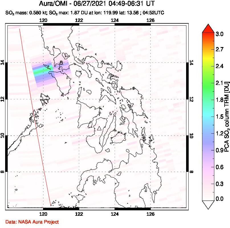 A sulfur dioxide image over Philippines on Jun 27, 2021.
