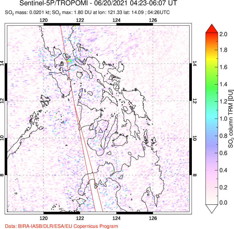 A sulfur dioxide image over Philippines on Jun 20, 2021.