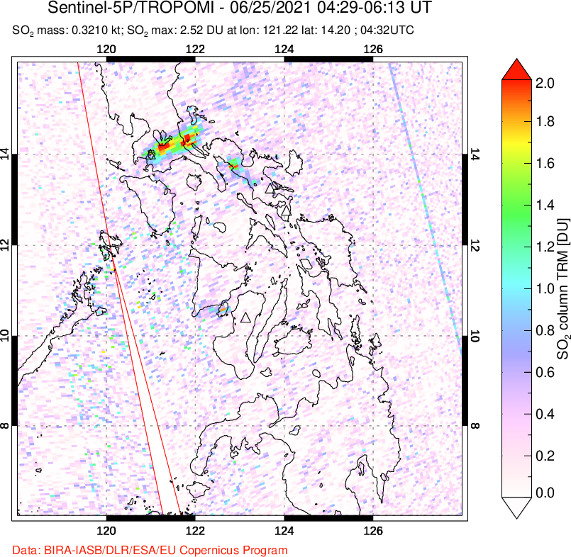 A sulfur dioxide image over Philippines on Jun 25, 2021.