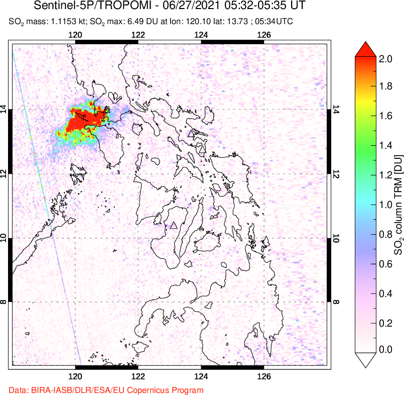 A sulfur dioxide image over Philippines on Jun 27, 2021.