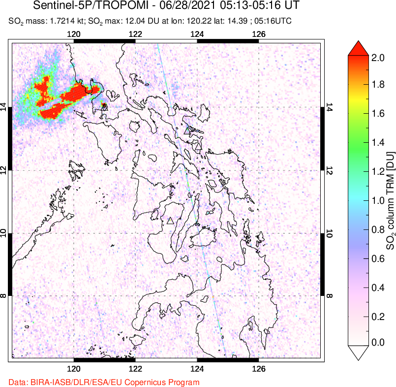 A sulfur dioxide image over Philippines on Jun 28, 2021.