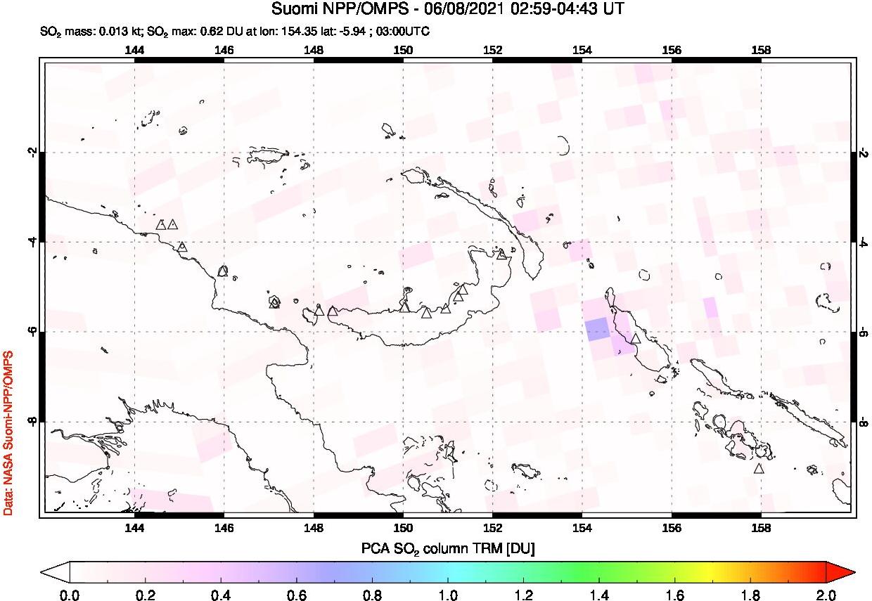 A sulfur dioxide image over Papua, New Guinea on Jun 08, 2021.