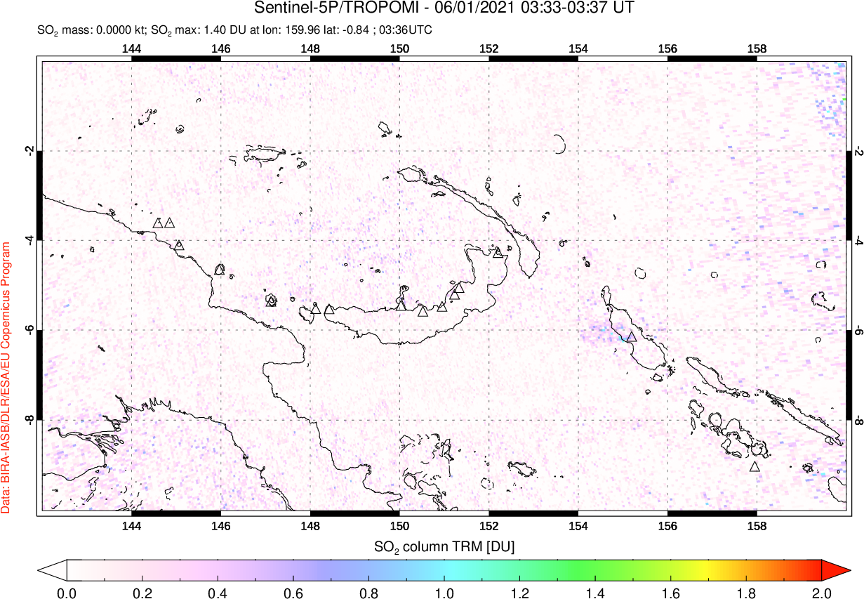 A sulfur dioxide image over Papua, New Guinea on Jun 01, 2021.