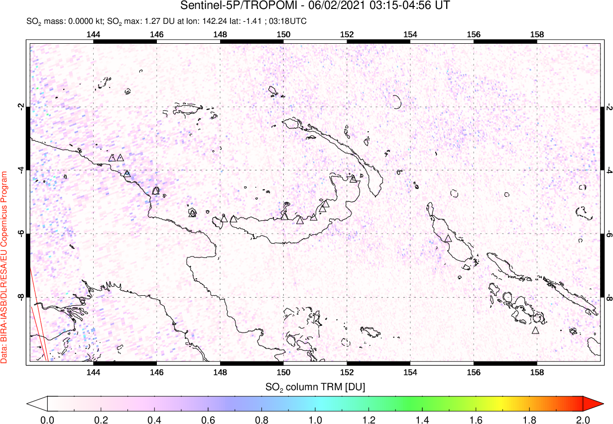 A sulfur dioxide image over Papua, New Guinea on Jun 02, 2021.