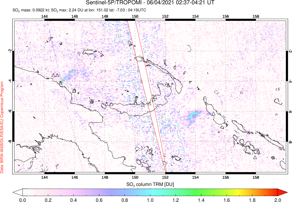 A sulfur dioxide image over Papua, New Guinea on Jun 04, 2021.