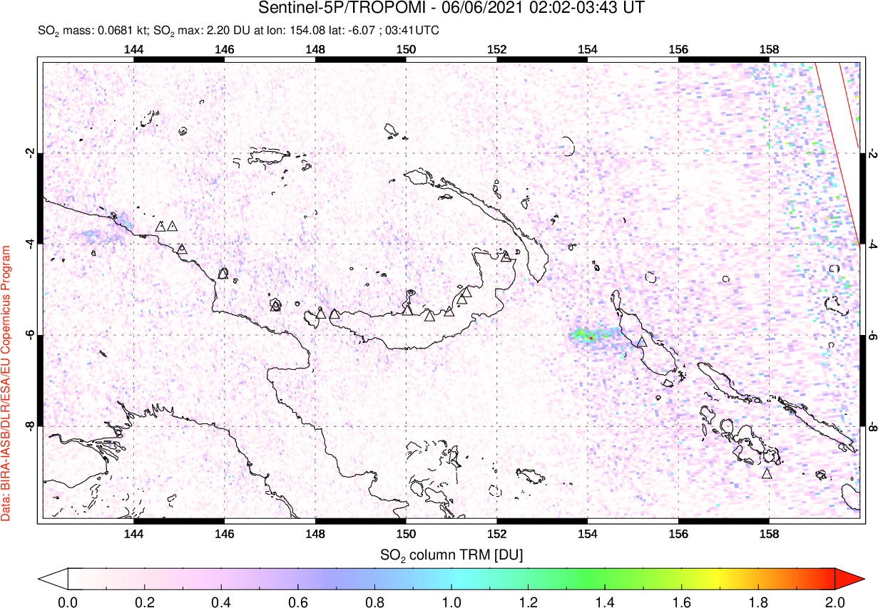 A sulfur dioxide image over Papua, New Guinea on Jun 06, 2021.