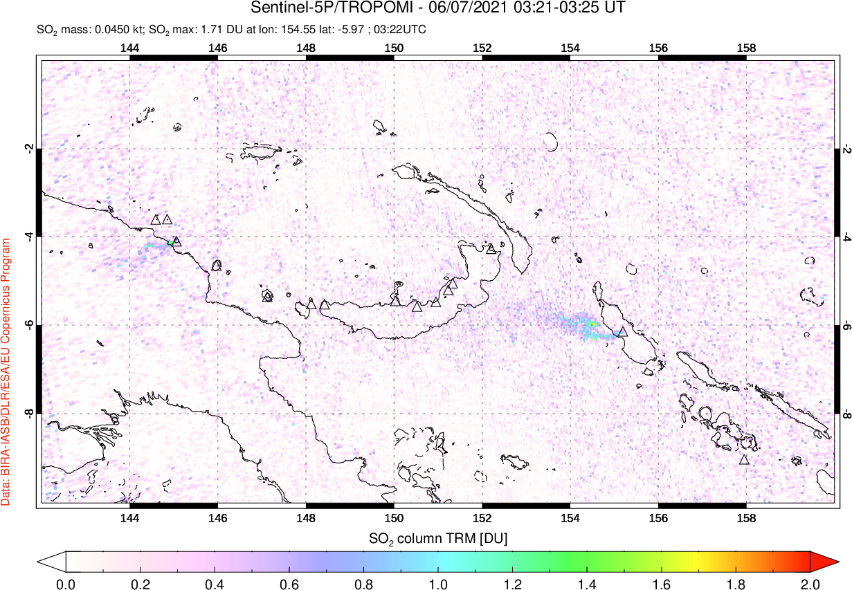 A sulfur dioxide image over Papua, New Guinea on Jun 07, 2021.