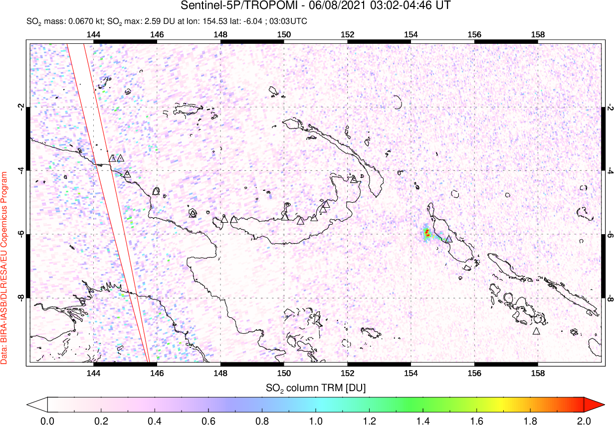 A sulfur dioxide image over Papua, New Guinea on Jun 08, 2021.