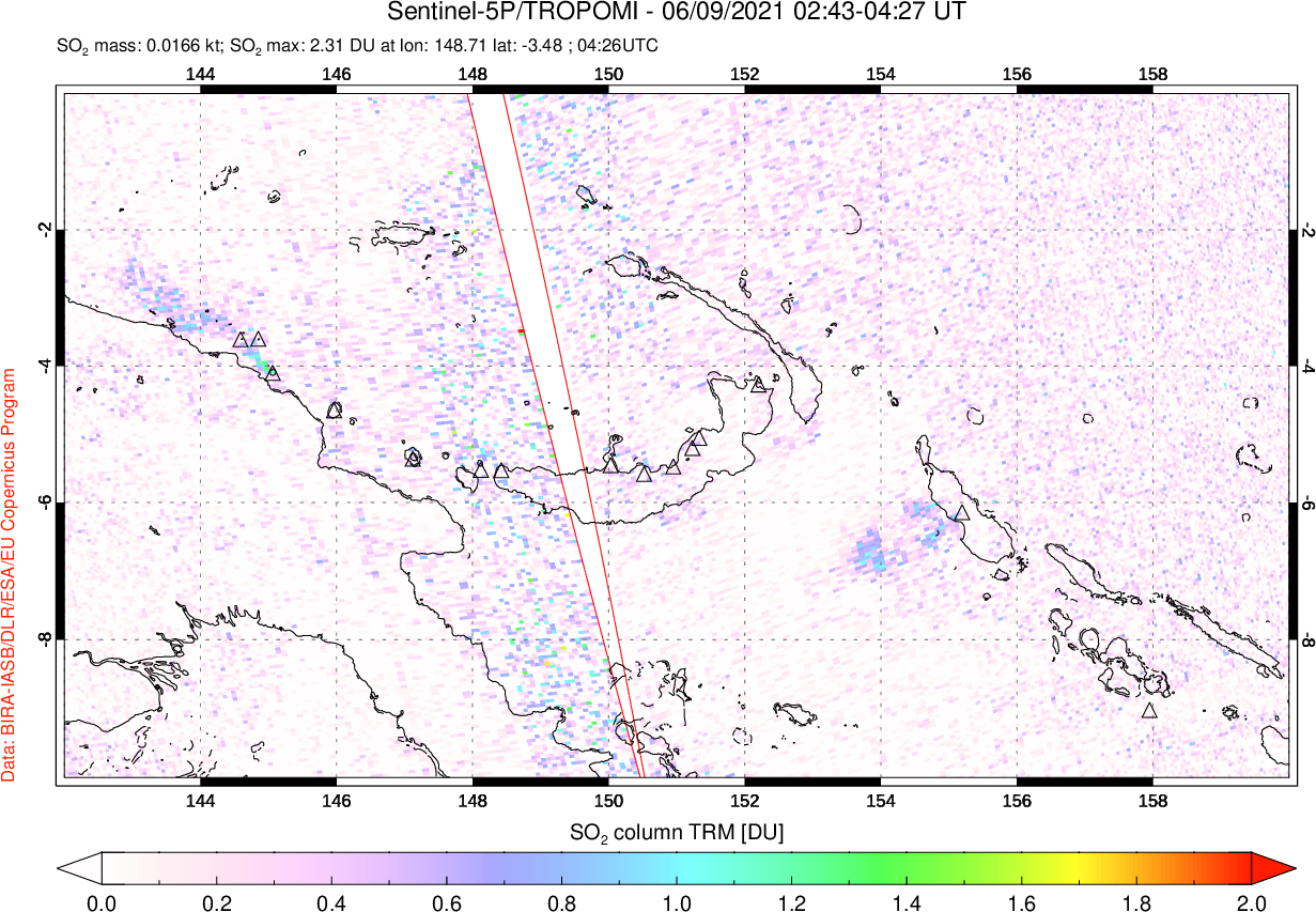 A sulfur dioxide image over Papua, New Guinea on Jun 09, 2021.