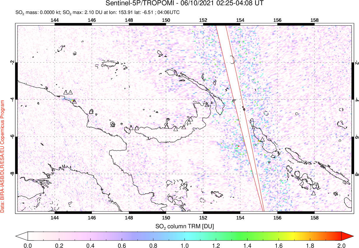 A sulfur dioxide image over Papua, New Guinea on Jun 10, 2021.