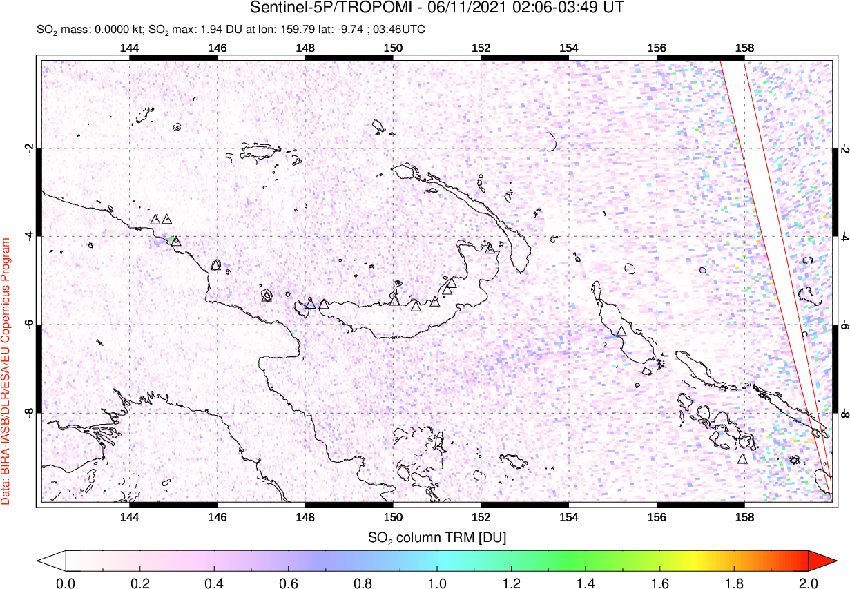 A sulfur dioxide image over Papua, New Guinea on Jun 11, 2021.