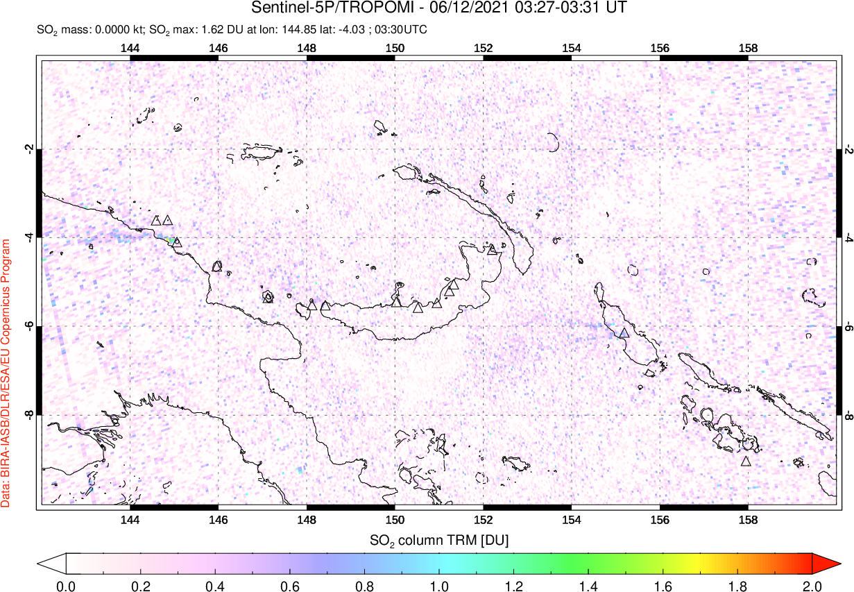 A sulfur dioxide image over Papua, New Guinea on Jun 12, 2021.