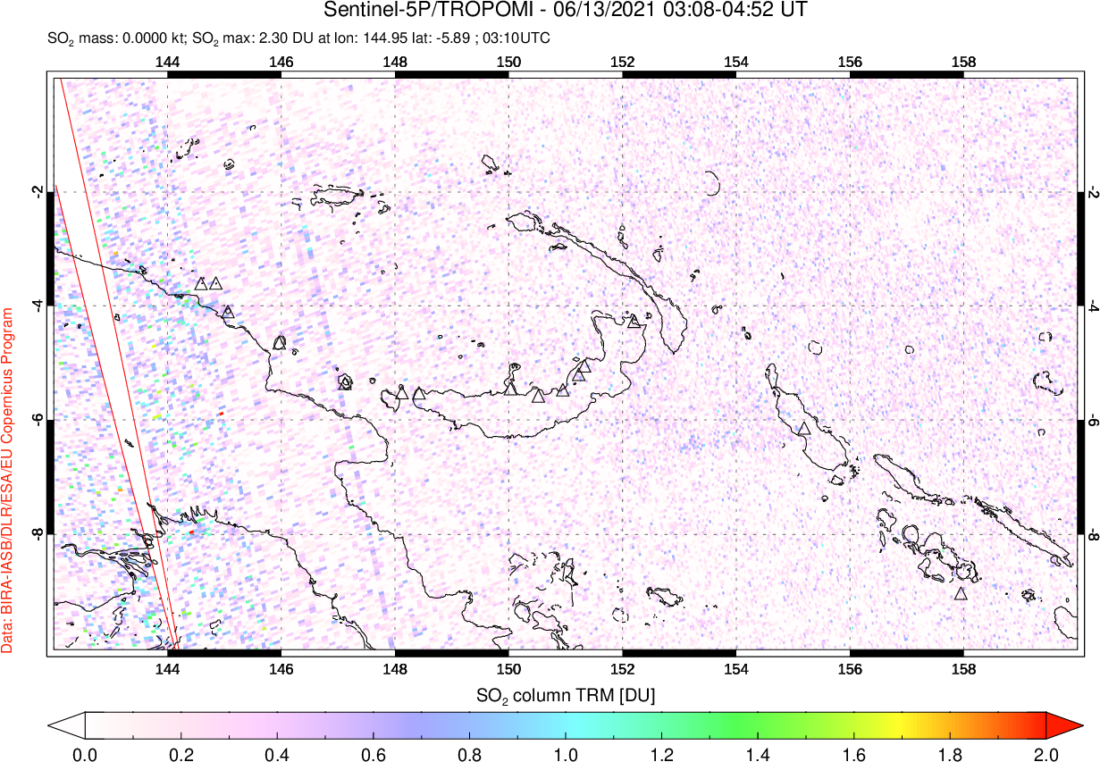 A sulfur dioxide image over Papua, New Guinea on Jun 13, 2021.