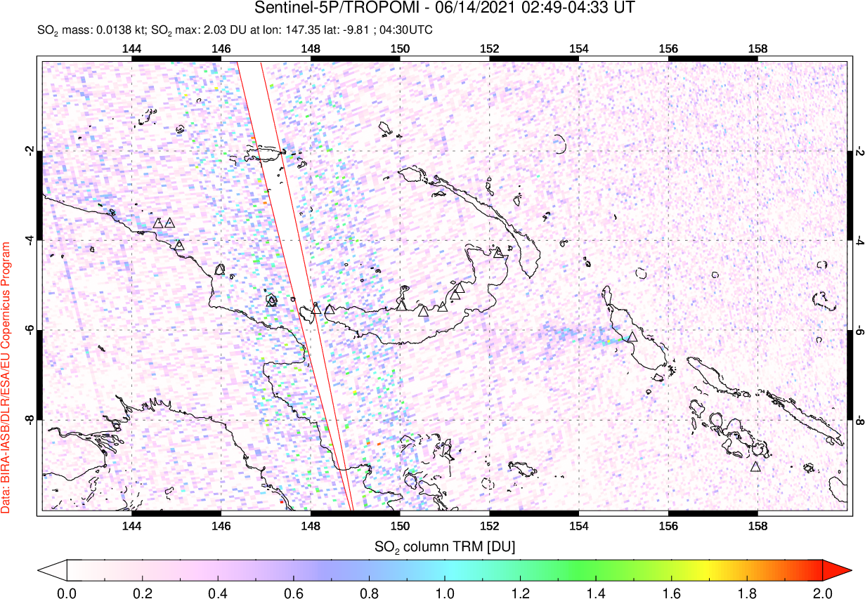 A sulfur dioxide image over Papua, New Guinea on Jun 14, 2021.