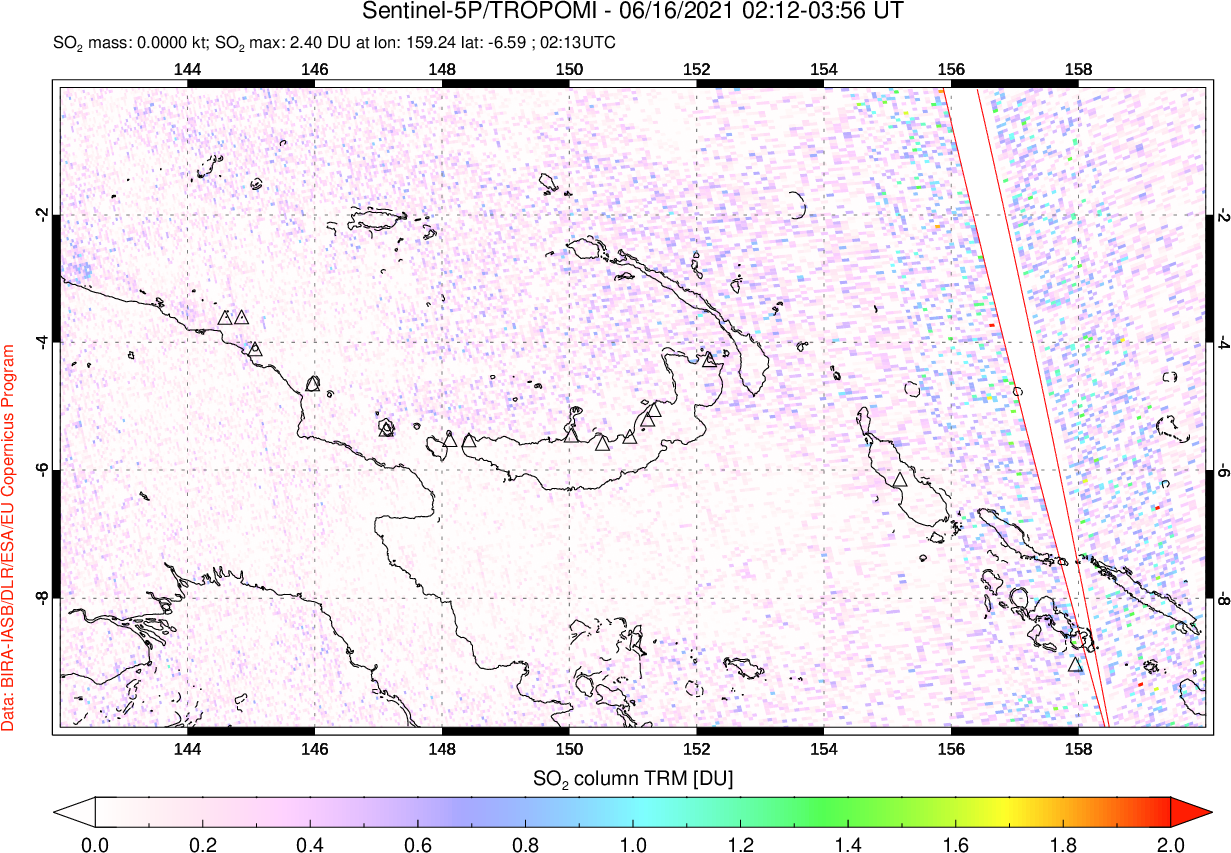 A sulfur dioxide image over Papua, New Guinea on Jun 16, 2021.