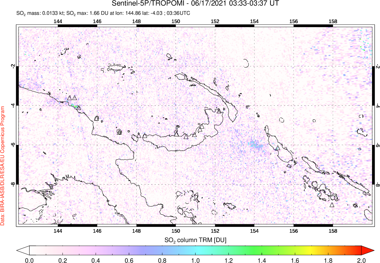 A sulfur dioxide image over Papua, New Guinea on Jun 17, 2021.