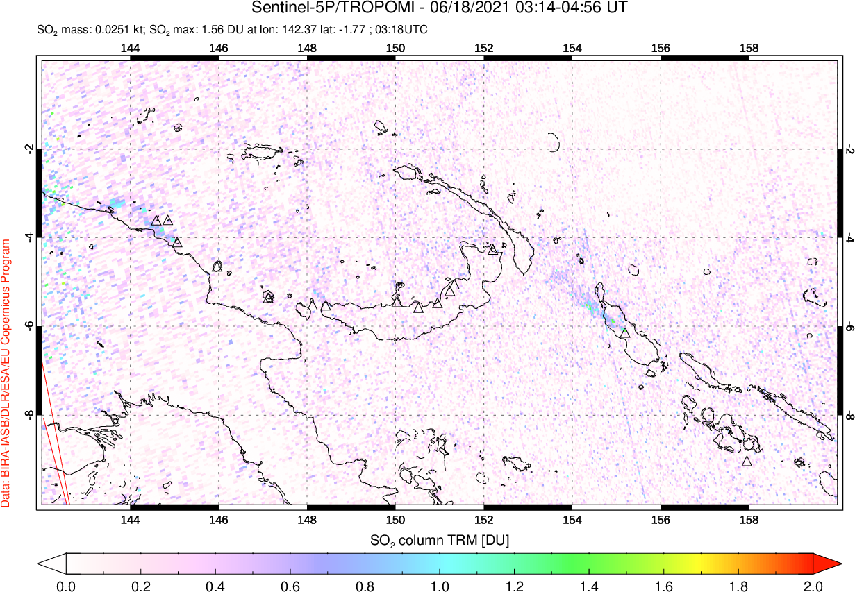 A sulfur dioxide image over Papua, New Guinea on Jun 18, 2021.
