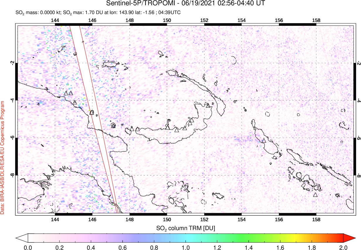 A sulfur dioxide image over Papua, New Guinea on Jun 19, 2021.