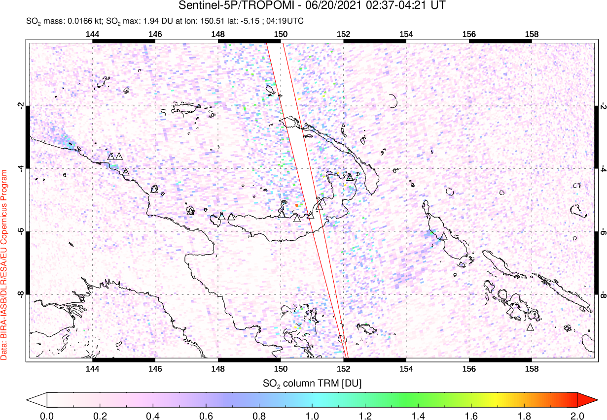 A sulfur dioxide image over Papua, New Guinea on Jun 20, 2021.
