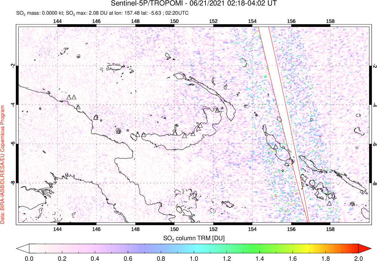 A sulfur dioxide image over Papua, New Guinea on Jun 21, 2021.