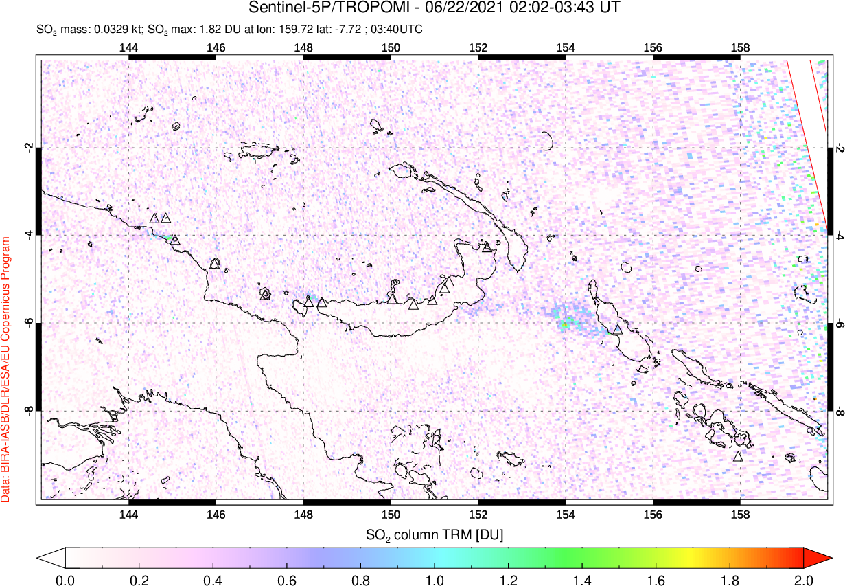 A sulfur dioxide image over Papua, New Guinea on Jun 22, 2021.