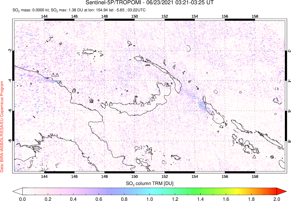 A sulfur dioxide image over Papua, New Guinea on Jun 23, 2021.