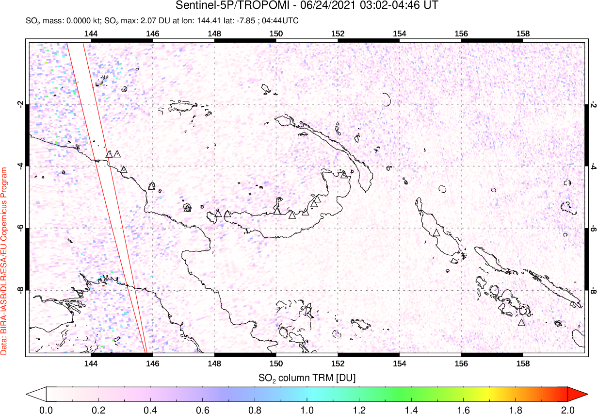 A sulfur dioxide image over Papua, New Guinea on Jun 24, 2021.