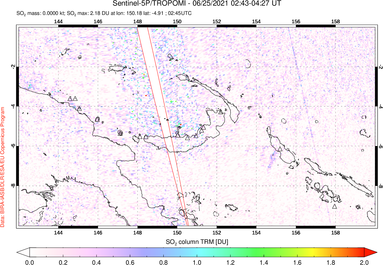A sulfur dioxide image over Papua, New Guinea on Jun 25, 2021.