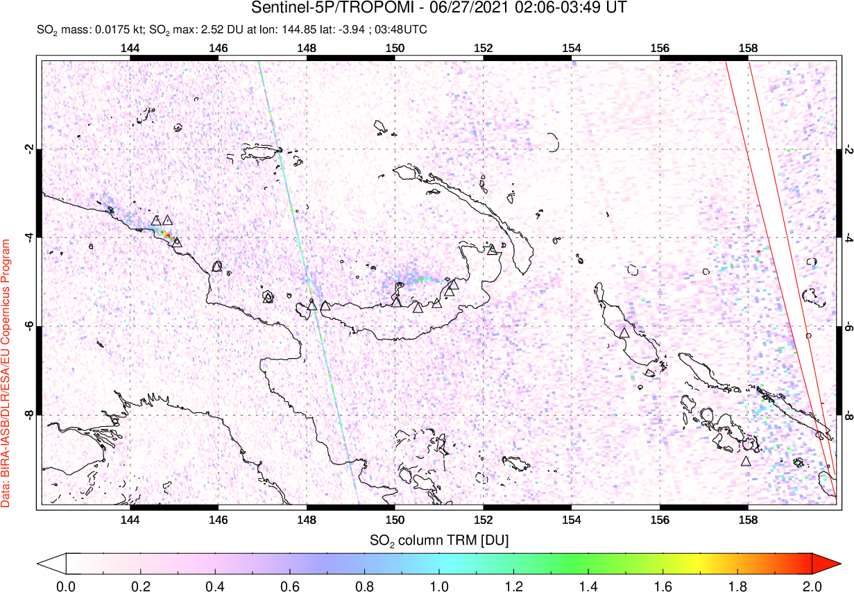 A sulfur dioxide image over Papua, New Guinea on Jun 27, 2021.