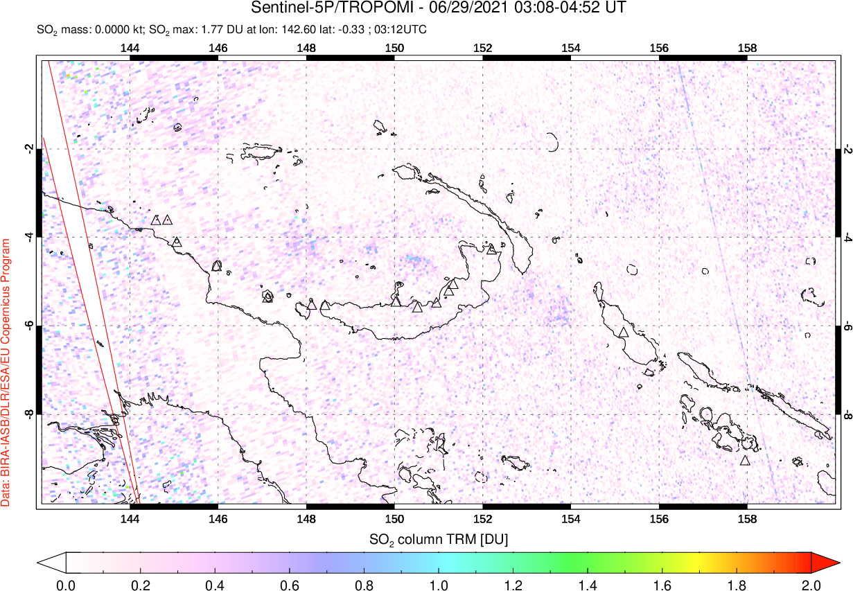 A sulfur dioxide image over Papua, New Guinea on Jun 29, 2021.