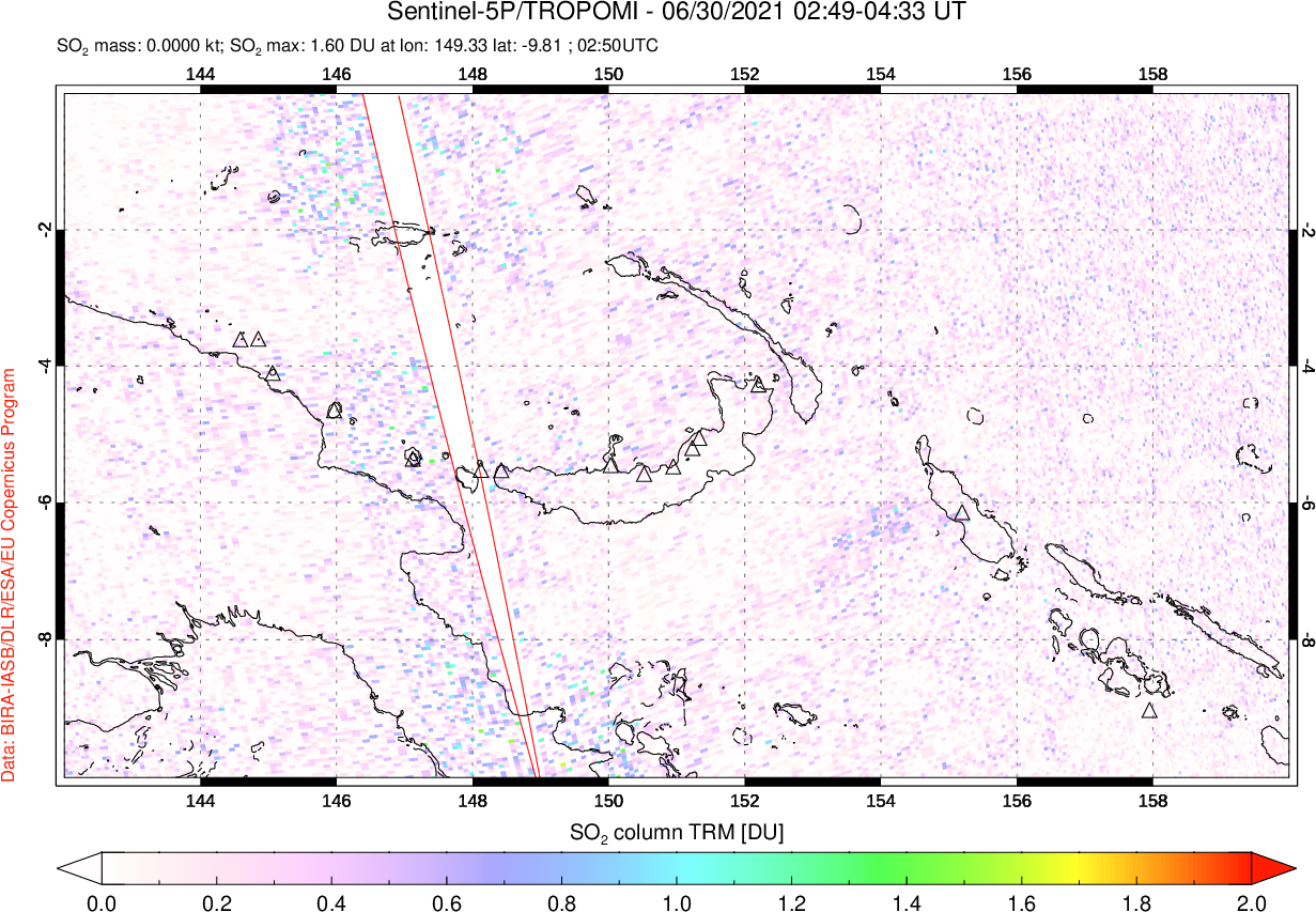 A sulfur dioxide image over Papua, New Guinea on Jun 30, 2021.