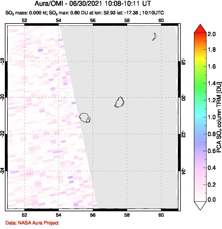 A sulfur dioxide image over Reunion Island, Indian Ocean on Jun 30, 2021.