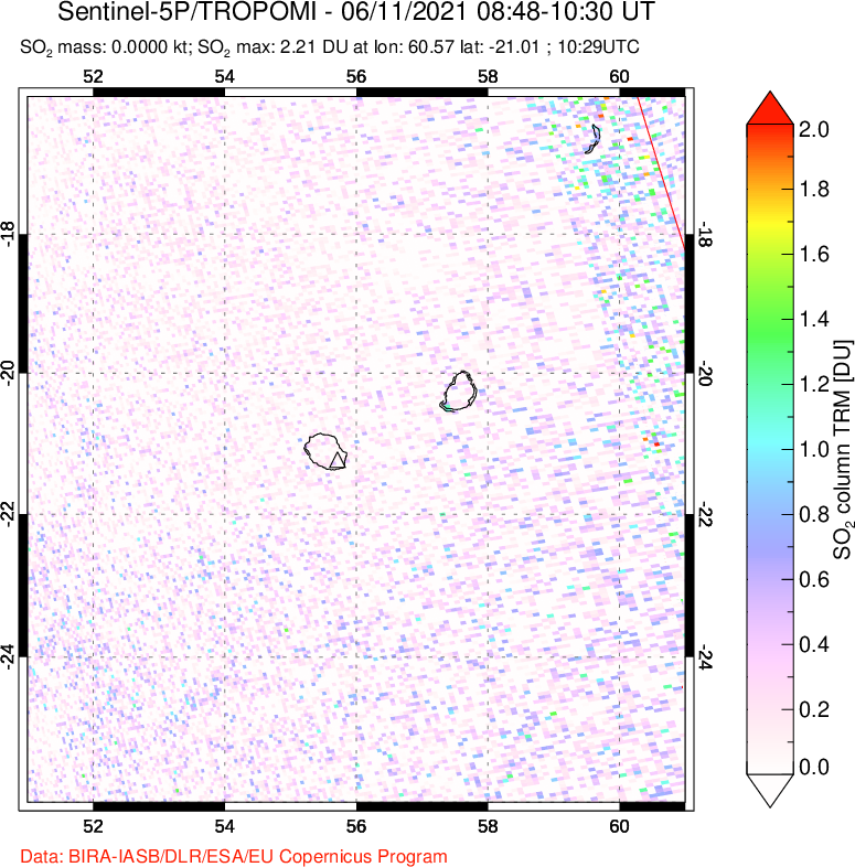 A sulfur dioxide image over Reunion Island, Indian Ocean on Jun 11, 2021.