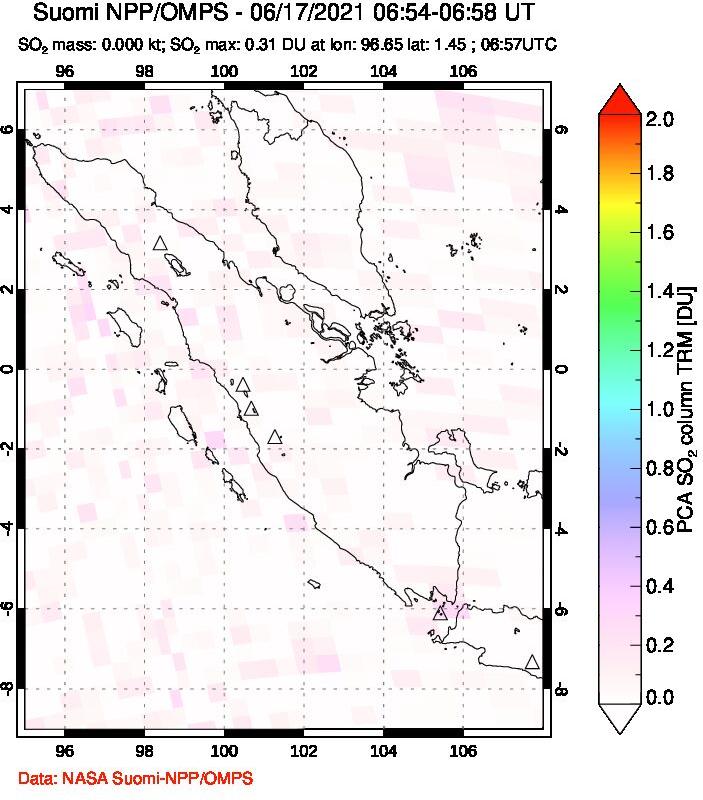 A sulfur dioxide image over Sumatra, Indonesia on Jun 17, 2021.