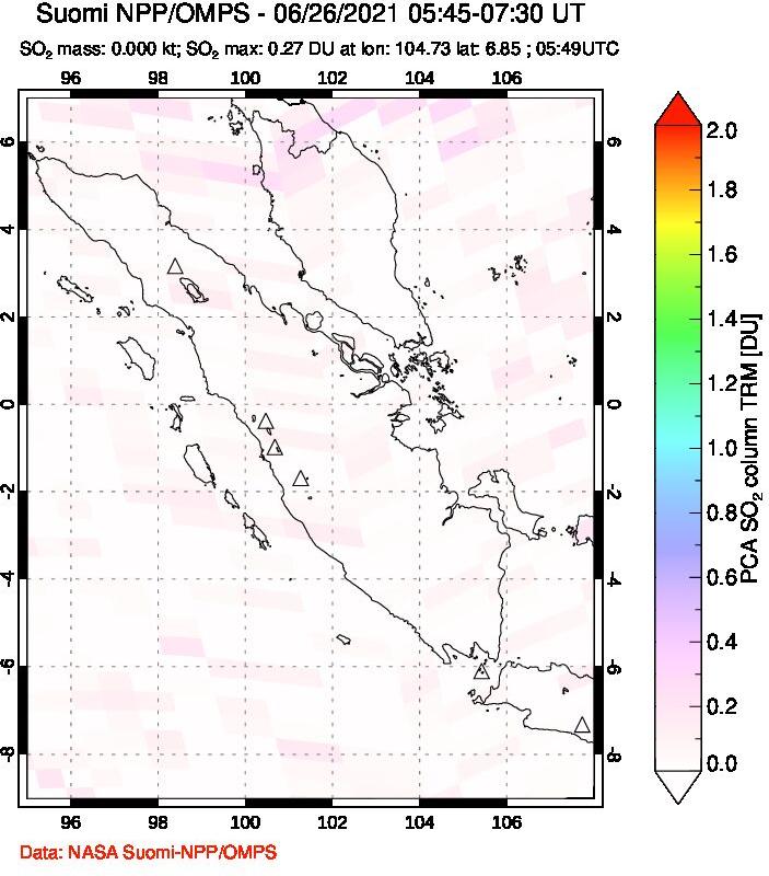 A sulfur dioxide image over Sumatra, Indonesia on Jun 26, 2021.