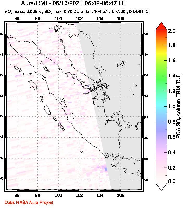 A sulfur dioxide image over Sumatra, Indonesia on Jun 16, 2021.