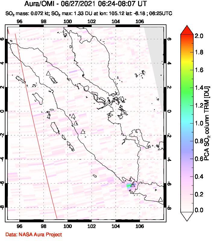 A sulfur dioxide image over Sumatra, Indonesia on Jun 27, 2021.