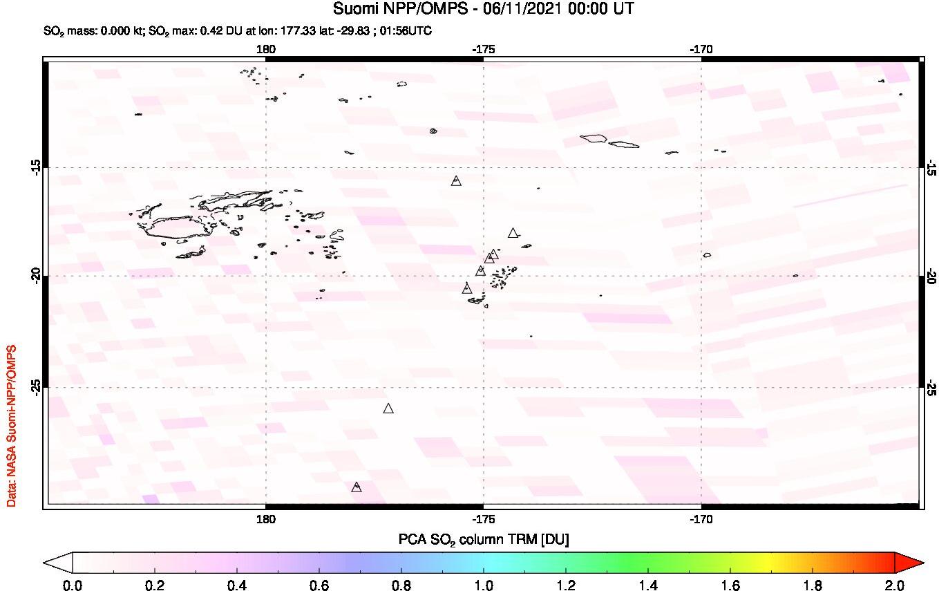 A sulfur dioxide image over Tonga, South Pacific on Jun 11, 2021.