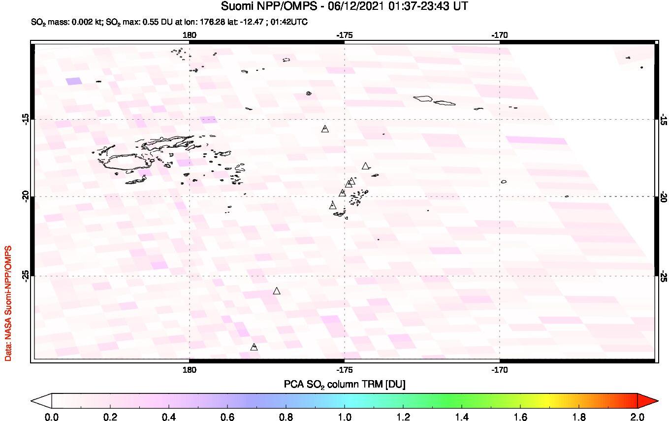 A sulfur dioxide image over Tonga, South Pacific on Jun 12, 2021.