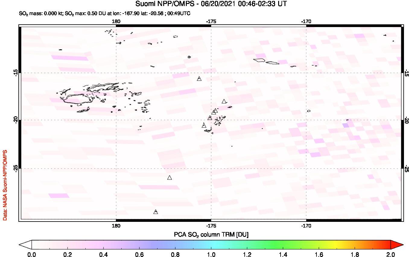 A sulfur dioxide image over Tonga, South Pacific on Jun 20, 2021.