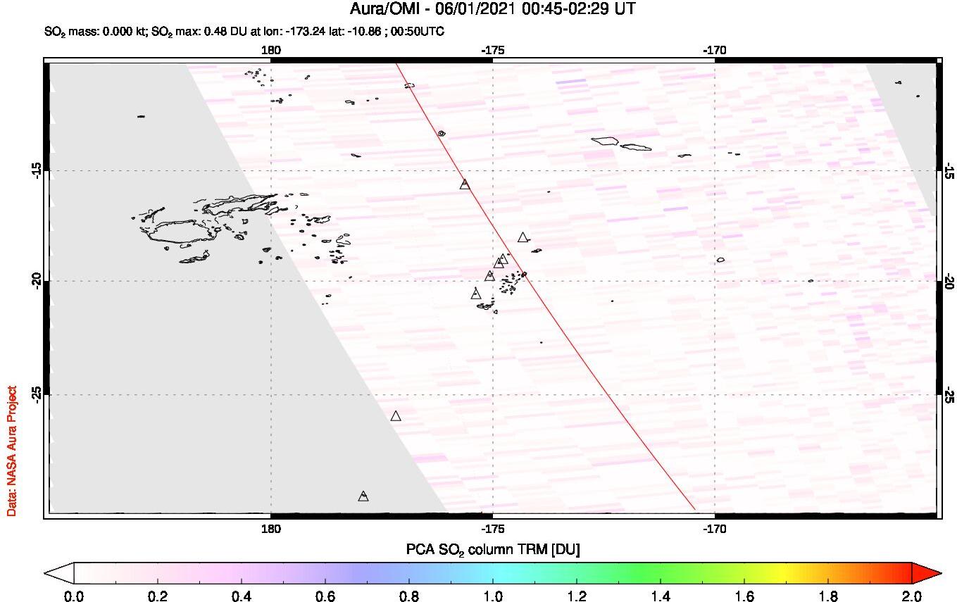 A sulfur dioxide image over Tonga, South Pacific on Jun 01, 2021.