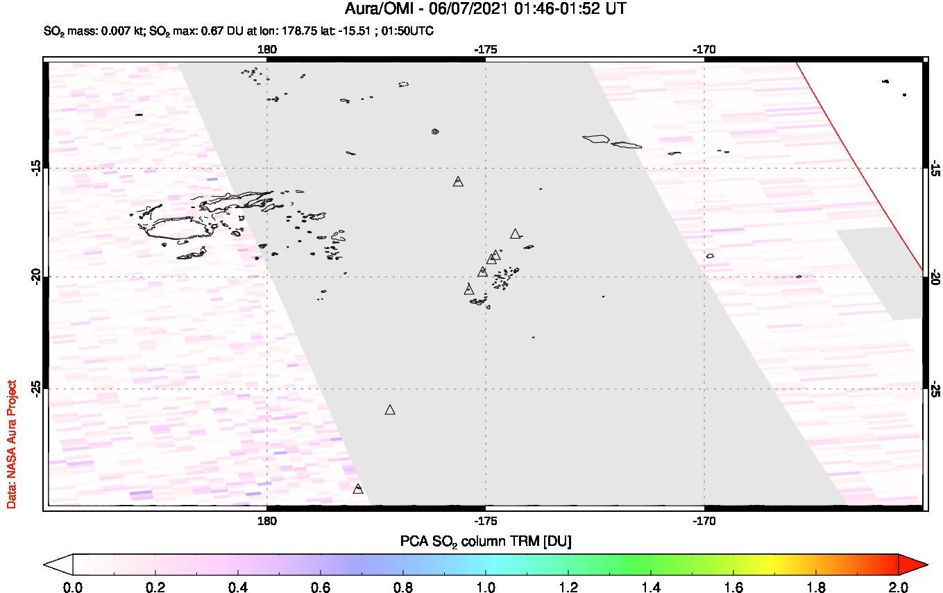 A sulfur dioxide image over Tonga, South Pacific on Jun 07, 2021.