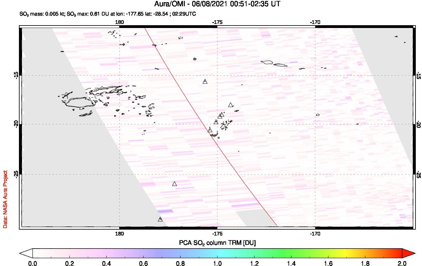 A sulfur dioxide image over Tonga, South Pacific on Jun 08, 2021.