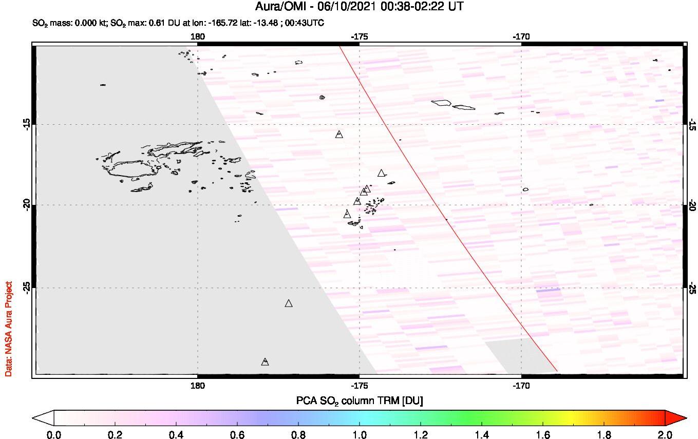 A sulfur dioxide image over Tonga, South Pacific on Jun 10, 2021.