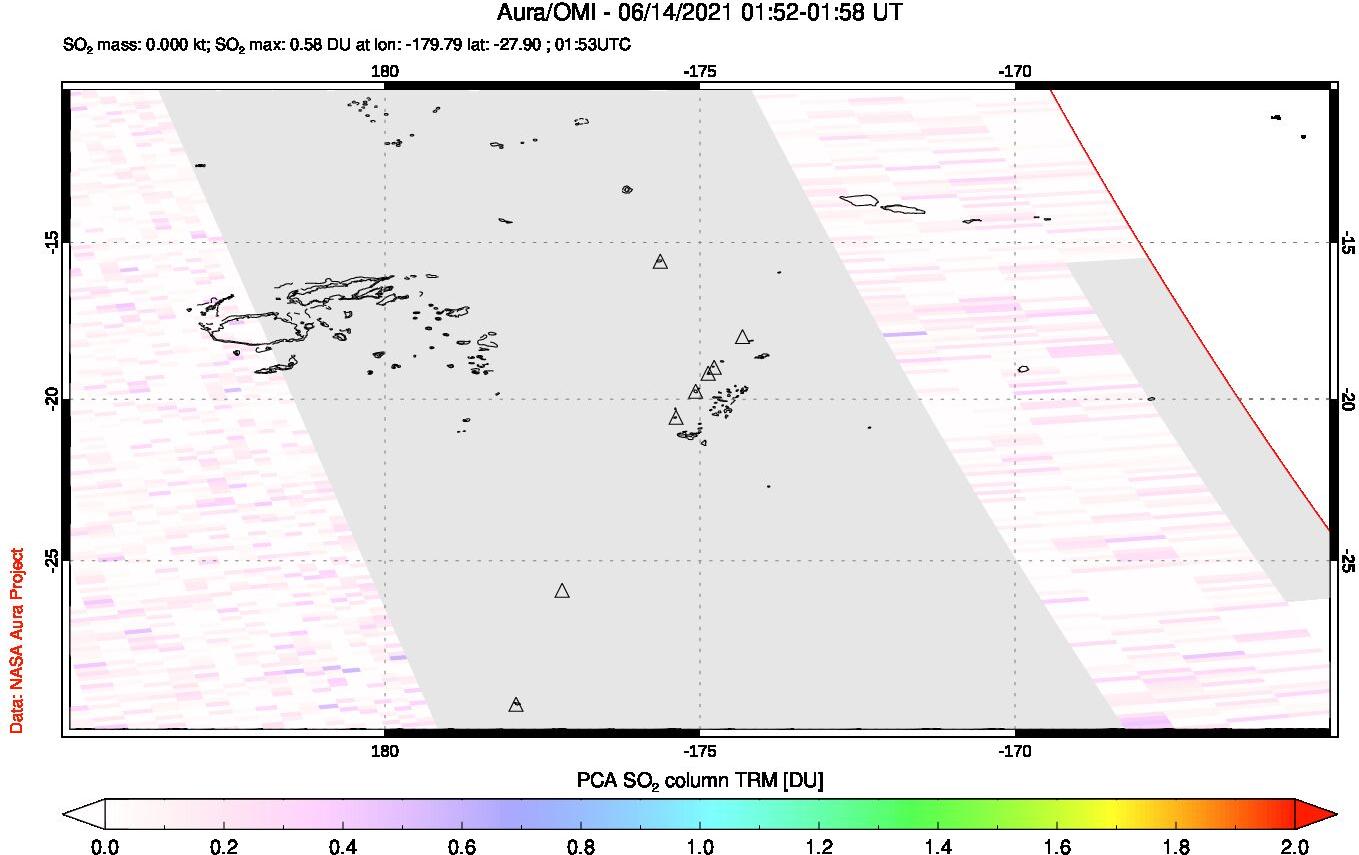 A sulfur dioxide image over Tonga, South Pacific on Jun 14, 2021.