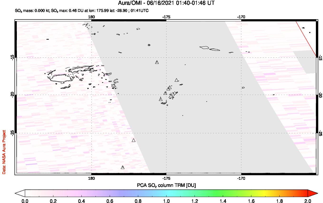 A sulfur dioxide image over Tonga, South Pacific on Jun 16, 2021.